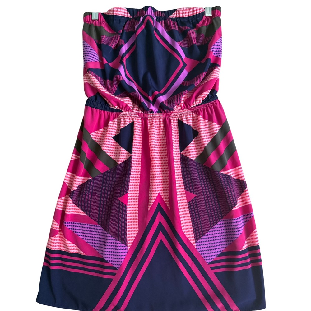Express Pink Purple Geometric Strapless Mini Dress Size M Smocked Elastic Waist